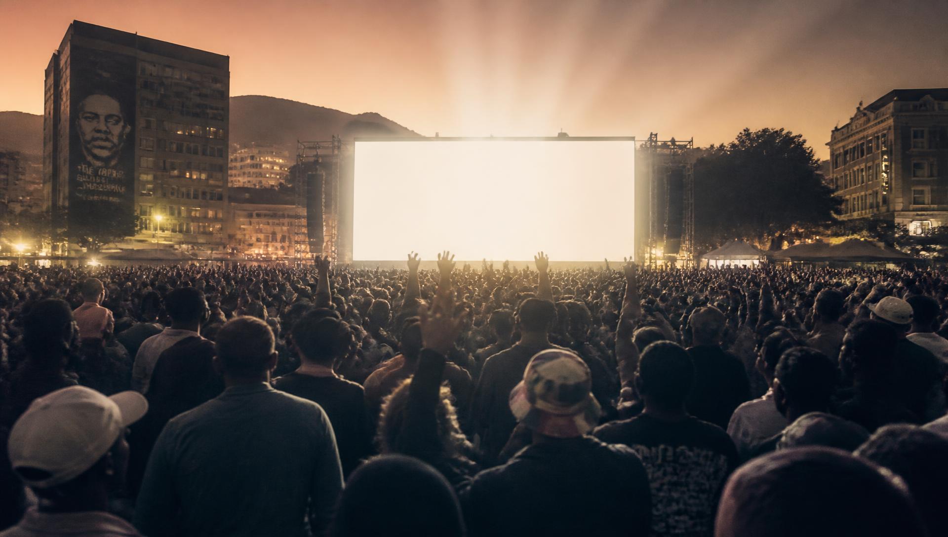 A large crowd gathered at dusk watching an open-air screen in a South African city square